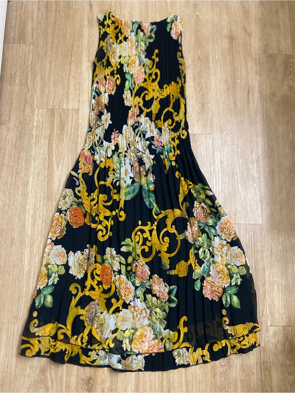 Sleeveless Black Midi Dress with Gold Scroll & Floral Print - Picture 2 of 5